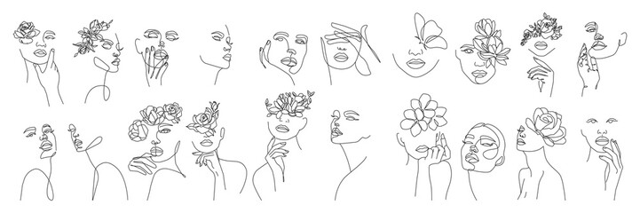 Face with Flowers Line Art Beauty Drawing. Minimalistic Simple Linear Illustration of Female Head with Flower. Woman Floral Faces Set One Line Art for Manicure Salon Studio, Spa, Beauty Design. © Наталья Дьячкова