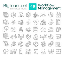 Workflow management line icons set. Teamwork organization. Statistical analytics. Customers experience. Isolated vector outline illustrations. Thin lineart iconset symbols. Editable stroke