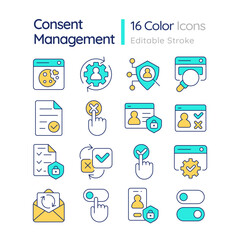 Contest management line color icons set. Legal system protecting users confidentiality. Online data privacy. Vector illustrations. Simple flat colorful symbols collection. Editable stroke