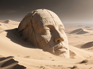 Ancient Desert Colossus A Massive Stone Face Half-Buried in Sand Dunes
