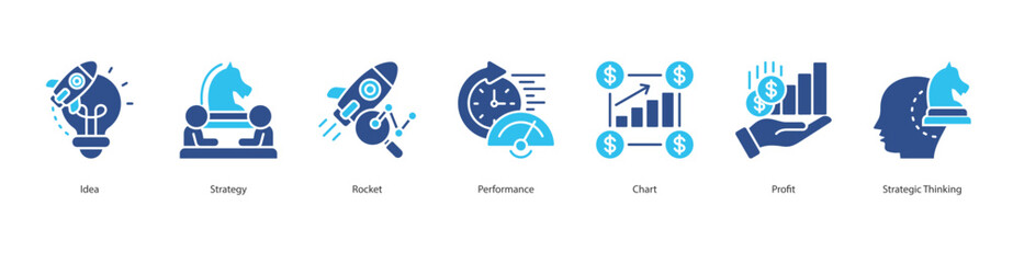 Obraz premium Strategic Growth icon sheet vector illustration idea, strategy, rocket, performance, chart, profit, strategic thinking