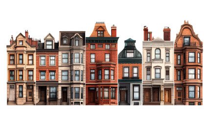 Fototapeta premium Row of varied vintage townhouses, facades architecture, cut out transparent