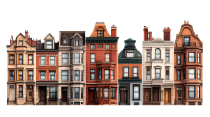 Row of varied vintage townhouses, facades architecture, cut out transparent