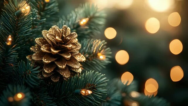 A golden pinecone ornament sits on a Christmas tree branch, surrounded by festive lights and a warm, glowing background.