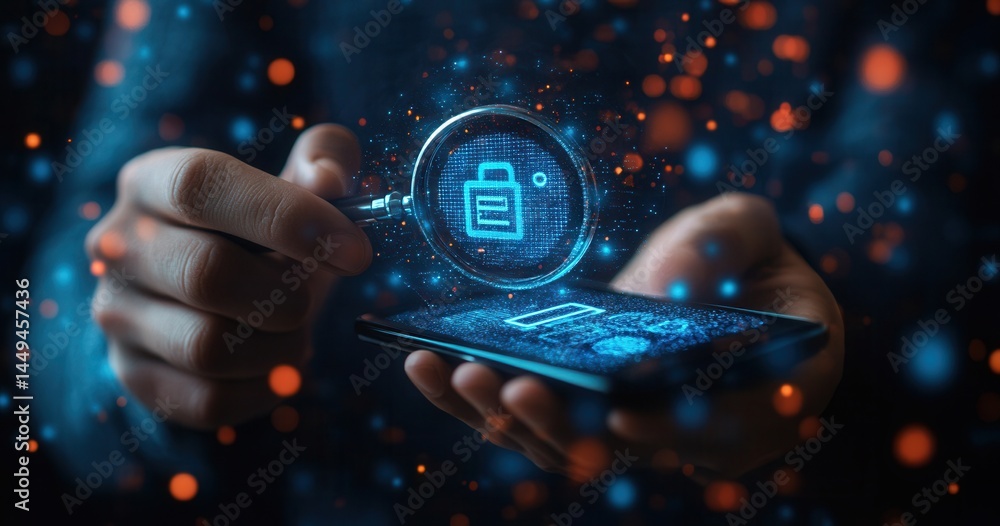 Poster digital security concept. hands holding a phone with a magnifying glass focused on a file icon