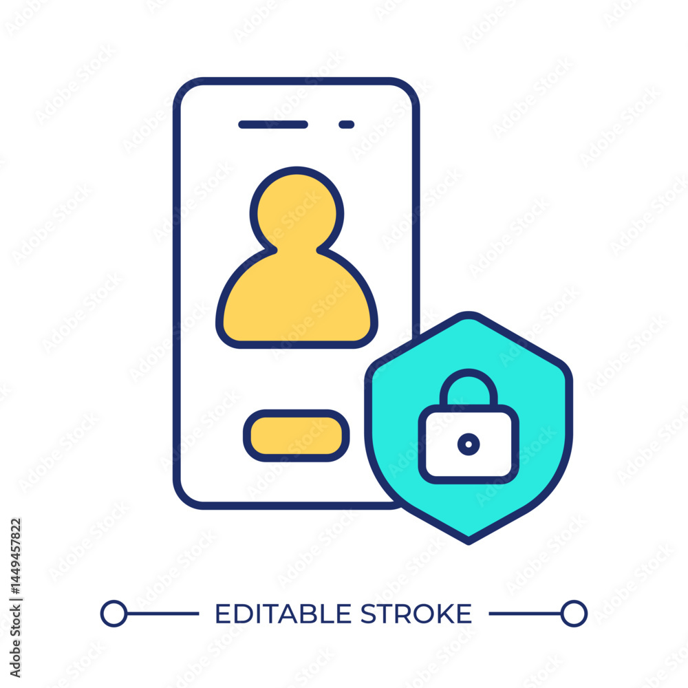 Poster mobile app permissions line color icon. smartphone with private user profile. digital system of info