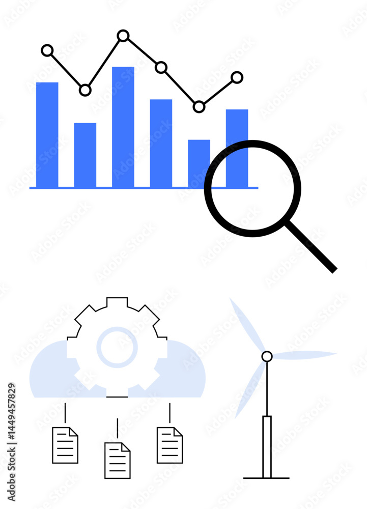 Poster bar chart and magnifying glass represent data analysis, cloud computing with documents shows digital