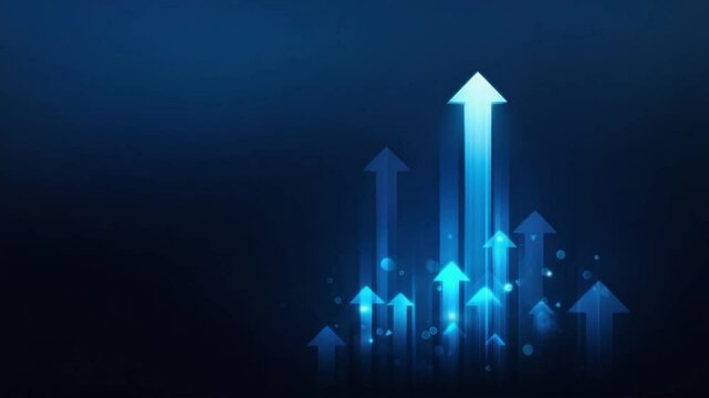 Blue glowing background with arrow going up, showing rise in performance and progress, achievement concept, startup success, business victory