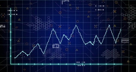 Animation of statistical data processing over grid network against blue background - Powered by Adobe