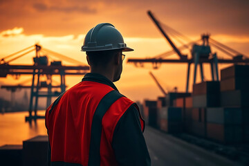 Dockworker in Safety Vest Overseeing Cargo Operations at Port

