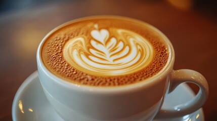 A close-up view of a latte art design on a cup of coffee.