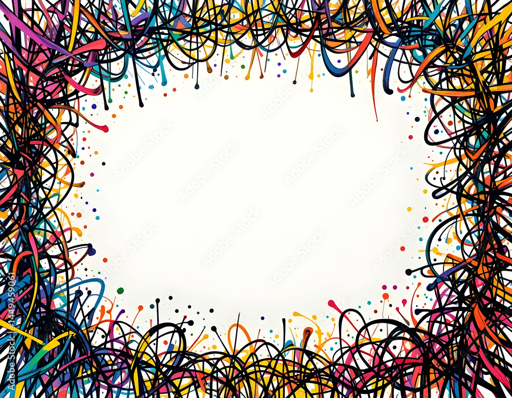 Poster abstract colorful border design with scribbles and splatters