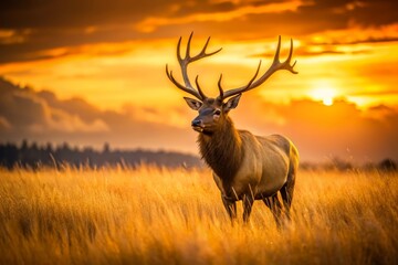 Fototapeta premium Majestic Elk in Golden Meadow at Sunset
