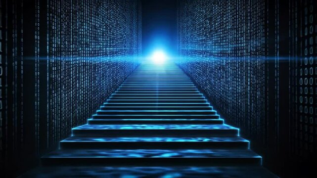 Blue digital binary code background with stairs going up symbolizing tech growth and success, achievement concept, startup success, business victory