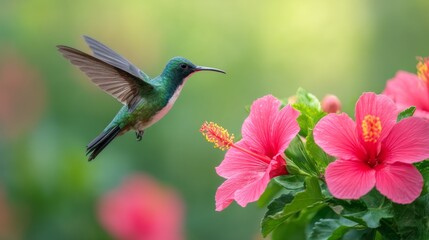 Fototapeta premium Hummingbird approaching a Hibiscus Blossom