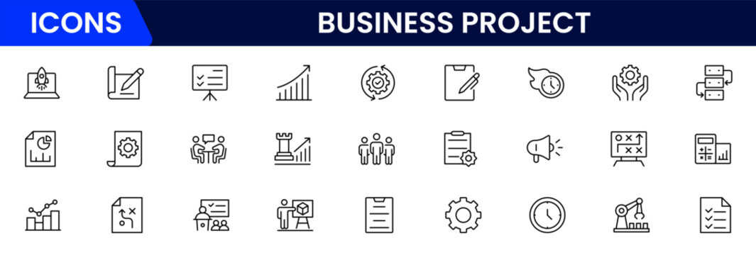 A business set of web icons in a linear style. Business Project icons for web and mobile apps. Business, organisation management, planning, project, startup, marketing, teamwork. Vector illustration