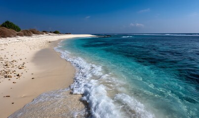 Pristine white sand beach meeting turquoise water under a clear sky; perfect for a relaxing vacation destination