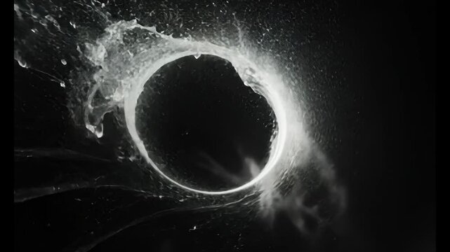 Ominous circular void surrounded by white wisps in stark dark backdrop, creating a mysterious and slightly unnerving cosmic effect