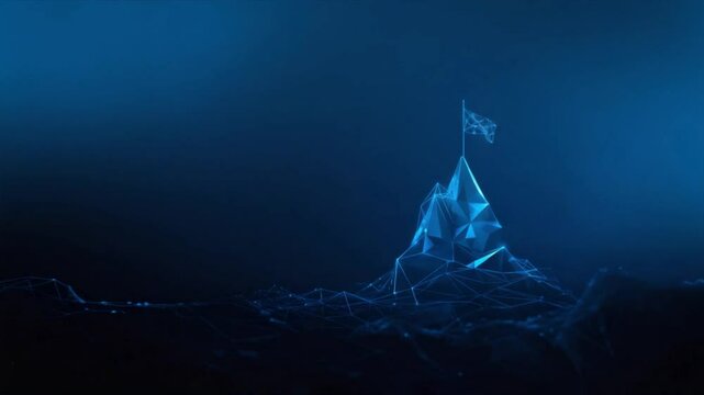 Low poly abstract mountain with a flag at the top representing success, goals, and achievement, achievement concept, startup success, business victory