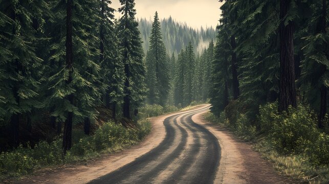 Winding Forest Road Through Tall Evergreen Trees