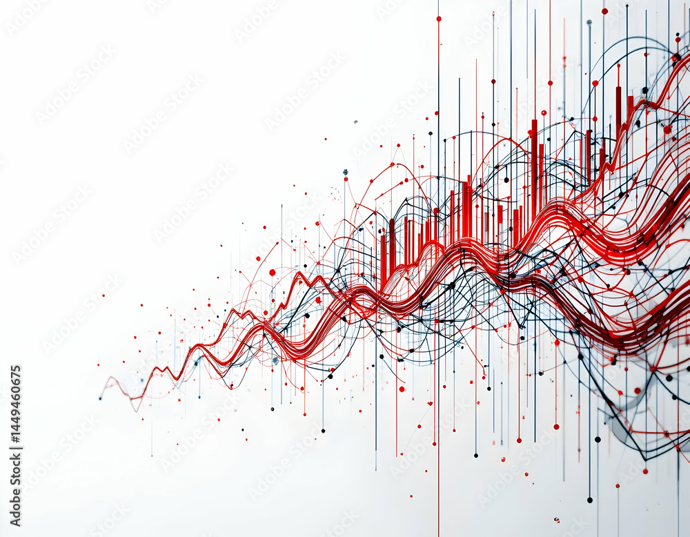 Poster abstract data visualization with red and blue lines on white