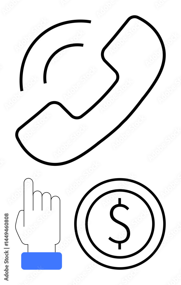 Poster phone receiver with sound lines, dollar coin for financial transaction, and hand click gesture symbo