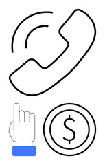 Phone receiver with sound lines, dollar coin for financial transaction, and hand click gesture symbolizing action. Ideal for customer service, support, finance, communication, payment, call center