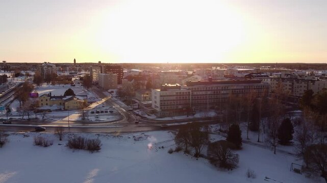Tornio City And Municipality At Sunset During Winter In Lapland, Finland. Aerial Wide Shot