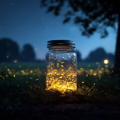 Captured luminescence: A mason jar filled with glowing fireflies in twilight meadow