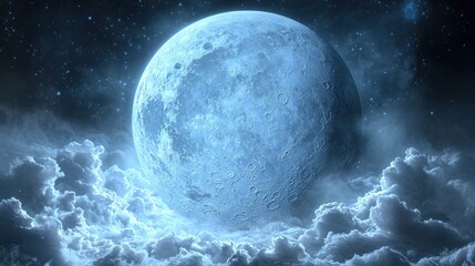 Massive moon amidst the clouds and starry night