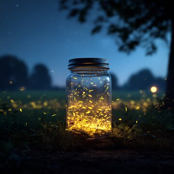 Captured luminescence: A mason jar filled with glowing fireflies in twilight meadow