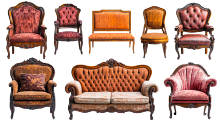 Antique furniture set, upholstered chairs and sofa, cut out transparent