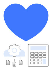Blue heart symbol with a cloud gear mechanism, connected documents, and calculator highlight technology and financial harmony. Ideal for technology, finance, health, data management, cloud computing