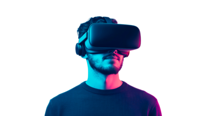 Man with virtual reality headset immersed in simulation, cut out transparent