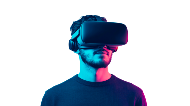Man with virtual reality headset immersed in simulation, cut out transparent - Powered by Adobe
