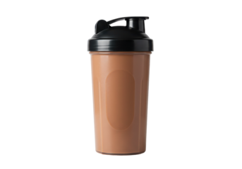 Chocolate protein shake in a blacklidded shaker cup