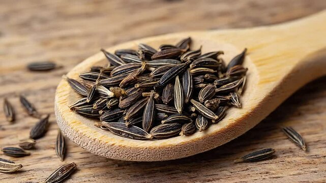 Black cumin seeds in wooden bowl