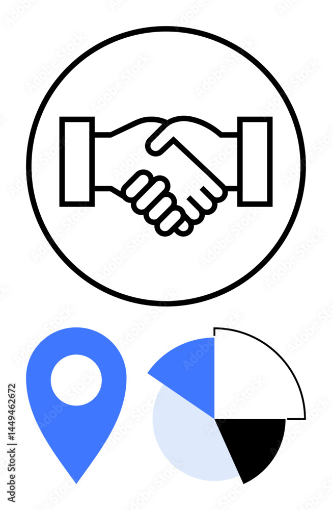 Poster handshake in circle signifies collaboration. below are a blue location pin and segmented pie chart. 