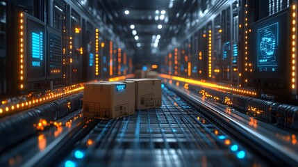 Fototapeta premium Augmented reality in warehouse system identifying packages and optimizing delivery in modern supply chain operations