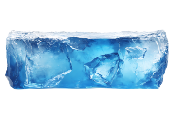 large translucent blue ice cube with clear edges on a transparent background
