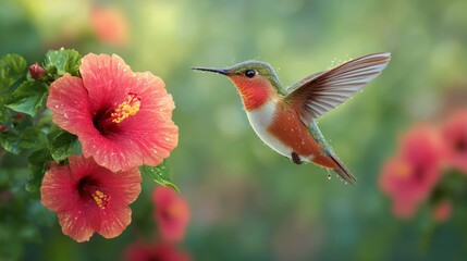 Fototapeta premium Vibrant Hummingbird Hovering by Dewy Red Hibiscus Blooms