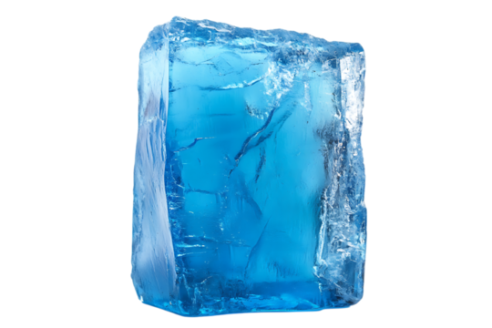 large translucent blue ice cube with clear edges on a transparent background