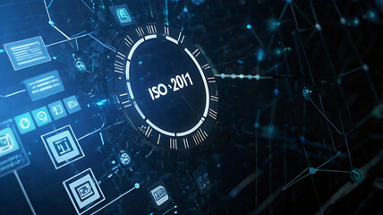 ISO 27001, ISO certification, ISO 27001 certified business, Information security management system. International Organization for Standardization. businessman doing ISO verification on a laptop	