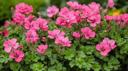 Bright Pink Pelargonium Flowers Blooming with Green Leaves in Garden, Floral Pattern