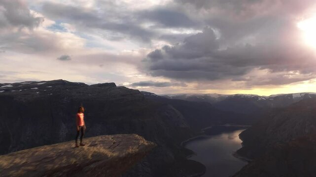 Stunning norwegian mountains with dramatic skies and peaceful landscape, aerial view, Trolltunga