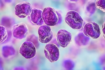 Microscopic view of purple lymphocytes with blurred background. Useful for illustrating medical concepts, diseases, and research.