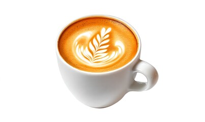 A white mug of coffee with latte art on a white background