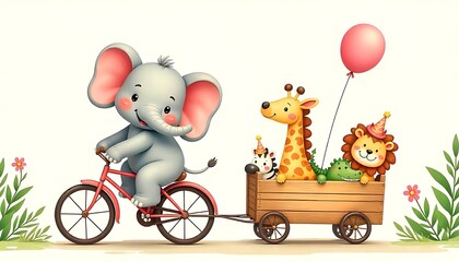 Adorable Elephant on Bicycle with Animal Friends in Wagon Celebrating a Birthday
