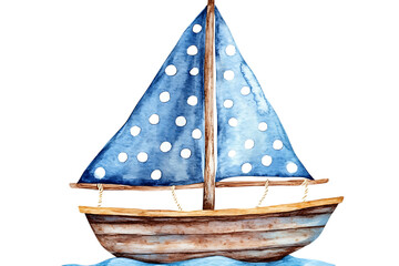 watercolor painting of a sailboat with polka dot sails on a transparent background