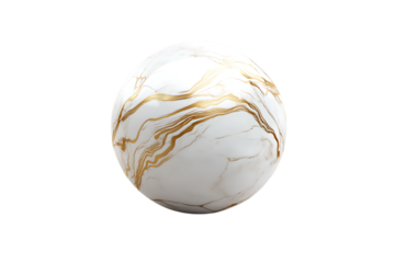 abstract marble sphere with white and gold swirling patterns on a transparent background
